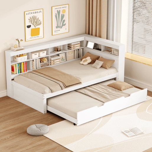 Sofá-cama 90x200 - Cama extensível 90x190 com USB e vários compartimentos - Branco Sofá-cama 90x200 - Cama extensível 90x190 com USB e vários compartimentos - Branco