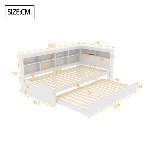 Sofá-cama 90x200 - Cama extensível 90x190 com USB e vários compartimentos - Branco Sofá-cama 90x200 - Cama extensível 90x190 com USB e vários compartimentos - Branco