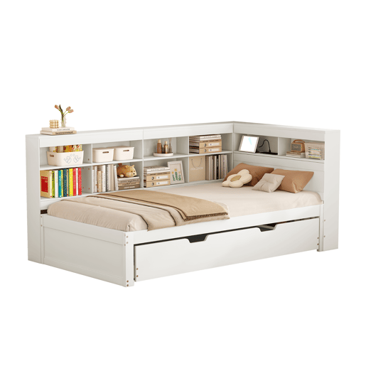 Sofá-cama 90x200 - Cama extensível 90x190 com USB e vários compartimentos - Branco Sofá-cama 90x200 - Cama extensível 90x190 com USB e vários compartimentos - Branco