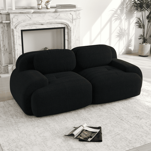 Sofá Loveseat 82'' - Sofá modular em veludo cotelê com braços curvos e base antiderrapante - Preto