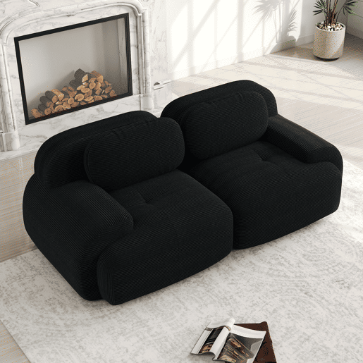 Sofá Loveseat 82'' - Sofá modular em veludo cotelê com braços curvos e base antiderrapante - Preto