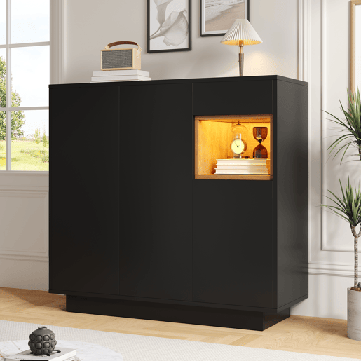 Sapateira de painel de partículas com 3 portas,1 gaveta e luz led,preto