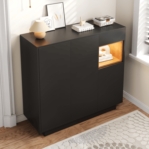 Sapateira de painel de partículas com 3 portas,1 gaveta e luz led,preto