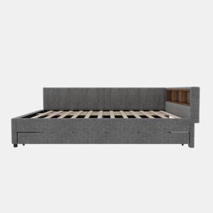 Cama Daybett 140x200cm - Sofá-cama, com compartimento, USB+Tipo C, controlo remoto para luz LED, com cama extraível, com estrado (sem colchão) - Cinza