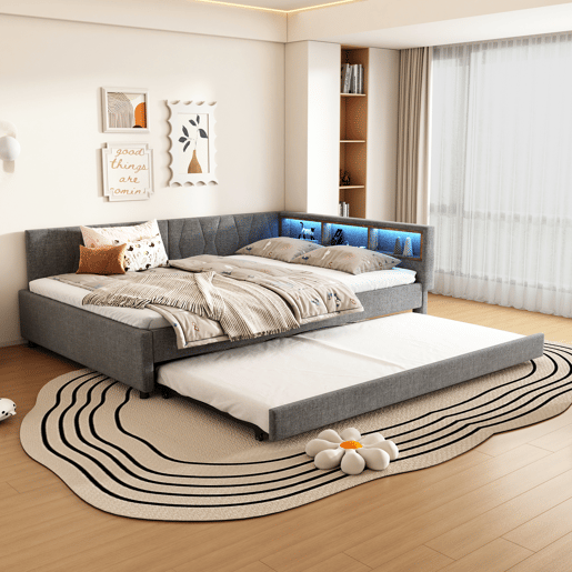Cama Daybett 140x200cm - Sofá-cama, com compartimento, USB+Tipo C, controlo remoto para luz LED, com cama extraível, com estrado (sem colchão) - Cinza