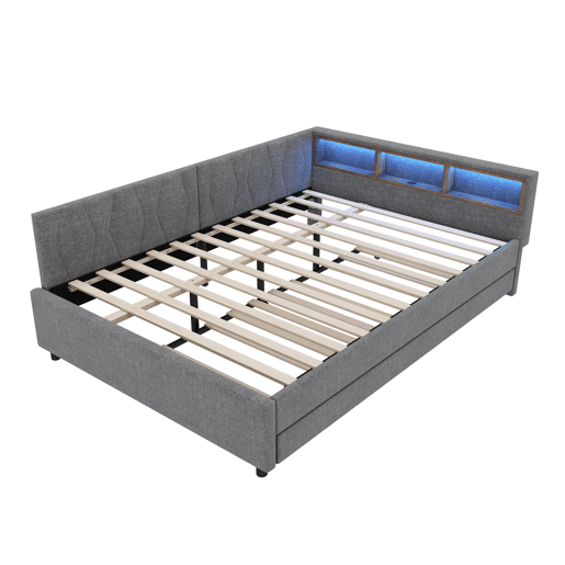 Cama Daybett 140x200cm - Sofá-cama, com compartimento, USB+Tipo C, controlo remoto para luz LED, com cama extraível, com estrado (sem colchão) - Cinza