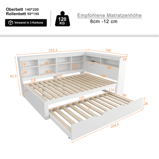 Sofá-cama 140x200 - cama extensível 90x190 com porta USB e vários compartimentos de arrumação - branco