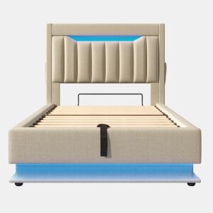 Cama estofada 90x200 cm - Cabeceira com arrumação, portas USB e Tipo-C, iluminação LED, bege, Leinen