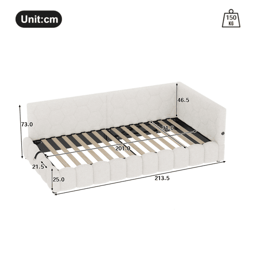 Cama de dia 90x200cm - Sofá-cama, com estrado (sem colchão), barra de luz LED, mecanismo hidráulico, porta USB e Tipo-C, material confortável, imitação de lã - Branco