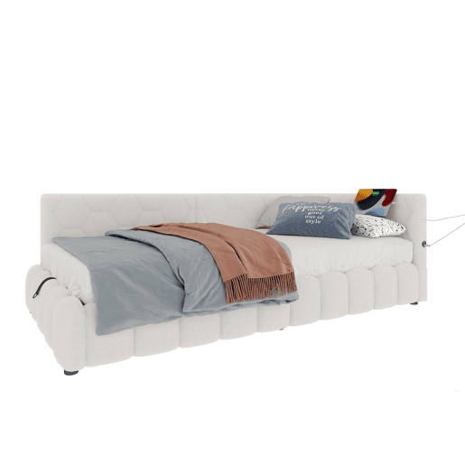 Cama de dia 90x200cm - Sofá-cama, com estrado (sem colchão), barra de luz LED, mecanismo hidráulico, porta USB e Tipo-C, material confortável, imitação de lã - Branco