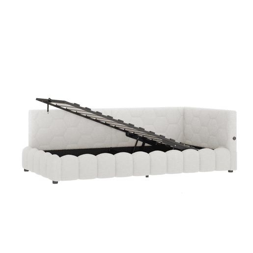 Cama de dia 90x200cm - Sofá-cama, com estrado (sem colchão), barra de luz LED, mecanismo hidráulico, porta USB e Tipo-C, material confortável, imitação de lã - Branco