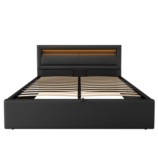 Cama estofada LED 140x190 - com estrado, arrumação e cabeceira iluminada multicolorida - preta