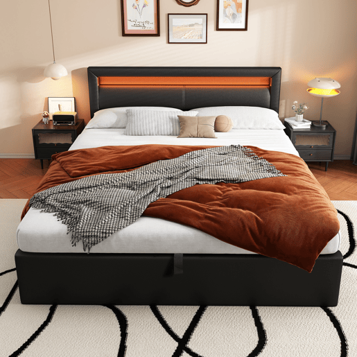Cama estofada LED 140x190 - com estrado, arrumação e cabeceira iluminada multicolorida - preta