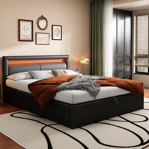Cama estofada LED 140x190 - com estrado, arrumação e cabeceira iluminada multicolorida - preta