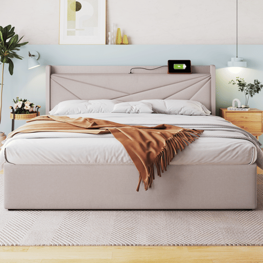 Cama estofada 140x200 - Cabeceira com arrumação, função de carregamento USB Tipo C - Bege
