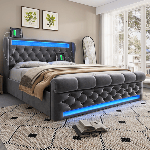 Cama estofada 140x200cm - Com LED, cabeceira com arrumação, portas USB e Tipo-C, cama hidráulica - Cinza