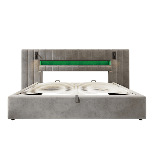 Cama estofada 180 x 200 cm - com USB, LED, candeeiro de mesa e arrumação - cinzento Cama estofada 180 x 200 cm - com USB, LED, candeeiro de mesa e arrumação - cinzento
