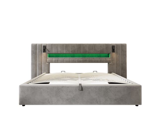 Cama tapizada 180 x 200 cm - con usb, led, lámpara de mesita y almacenamiento - gris
