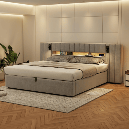 Cama estofada 180 x 200 cm - com USB, LED, candeeiro de mesa e arrumação - cinzento Cama estofada 180 x 200 cm - com USB, LED, candeeiro de mesa e arrumação - cinzento
