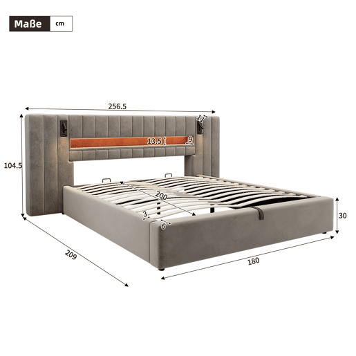 Cama estofada 180 x 200 cm - com USB, LED, candeeiro de mesa e arrumação - cinzento Cama estofada 180 x 200 cm - com USB, LED, candeeiro de mesa e arrumação - cinzento