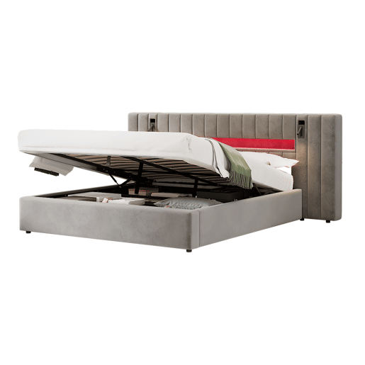 Cama estofada 180 x 200 cm - com USB, LED, candeeiro de mesa e arrumação - cinzento Cama estofada 180 x 200 cm - com USB, LED, candeeiro de mesa e arrumação - cinzento