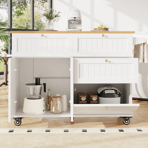 Ilha de cozinha moderna - Multifuncional com espaço de armazenamento e prateleiras extensíveis - Branco