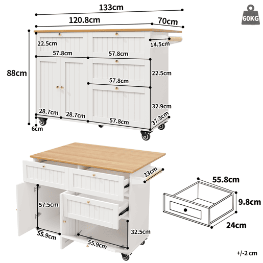 Ilha de cozinha moderna - Multifuncional com espaço de armazenamento e prateleiras extensíveis - Branco