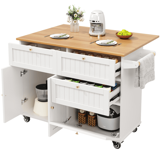 Ilha de cozinha moderna - Multifuncional com espaço de armazenamento e prateleiras extensíveis - Branco