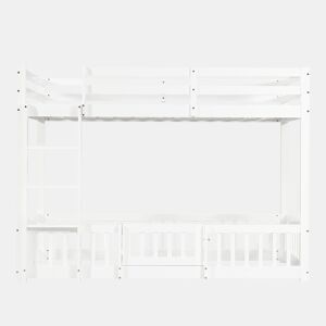 Beliche 90x200 - Cama de madeira com escada em ângulo, corrimão e porta, proteção contra quedas, espaço livre por baixo - Branco