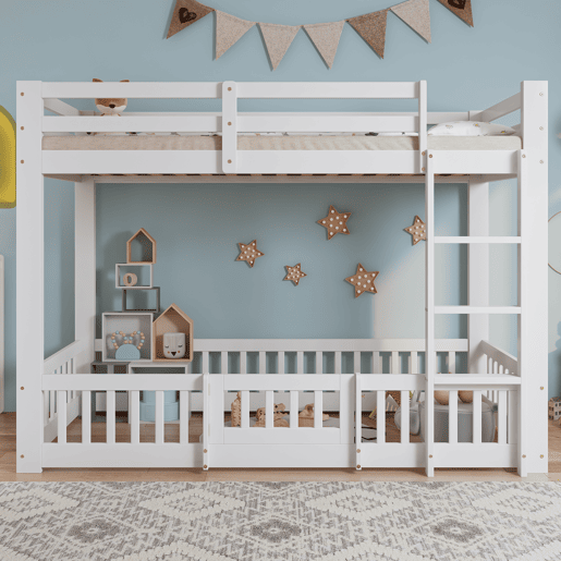 Beliche 90x200 - Cama de madeira com escada em ângulo, corrimão e porta, proteção contra quedas, espaço livre por baixo - Branco