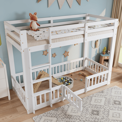 Beliche 90x200 - Cama de madeira com escada em ângulo, corrimão e porta, proteção contra quedas, espaço livre por baixo - Branco