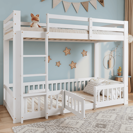 Beliche 90x200 - Cama de madeira com escada em ângulo, corrimão e porta, proteção contra quedas, espaço livre por baixo - Branco