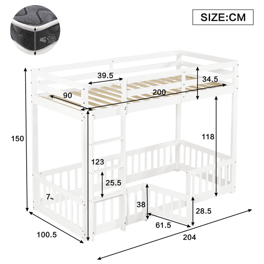 Beliche 90x200 - Cama de madeira com escada em ângulo, corrimão e porta, proteção contra quedas, espaço livre por baixo - Branco