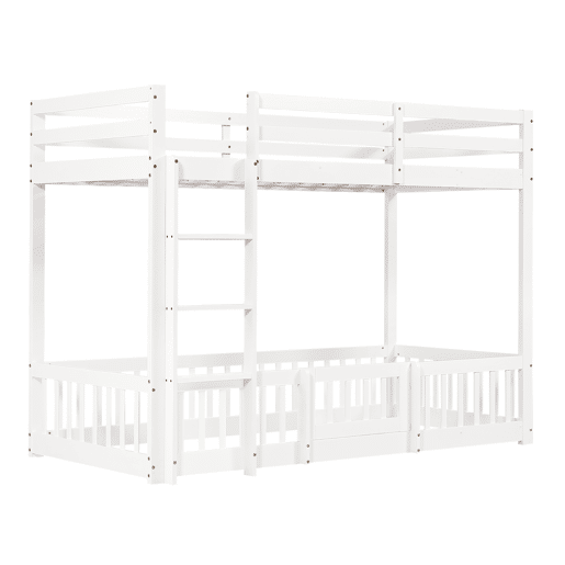 Beliche 90x200 - Cama de madeira com escada em ângulo, corrimão e porta, proteção contra quedas, espaço livre por baixo - Branco