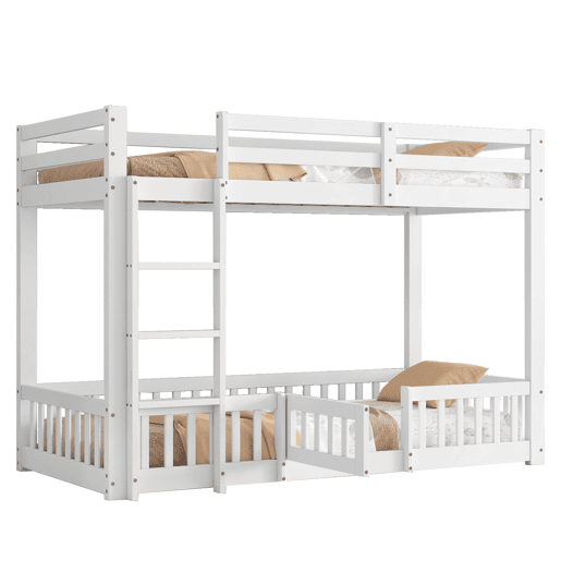 Beliche 90x200 - Cama de madeira com escada em ângulo, corrimão e porta, proteção contra quedas, espaço livre por baixo - Branco
