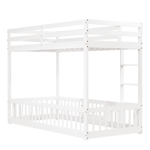 Beliche 90x200 - Cama de madeira com escada em ângulo, corrimão e porta, proteção contra quedas, espaço livre por baixo - Branco
