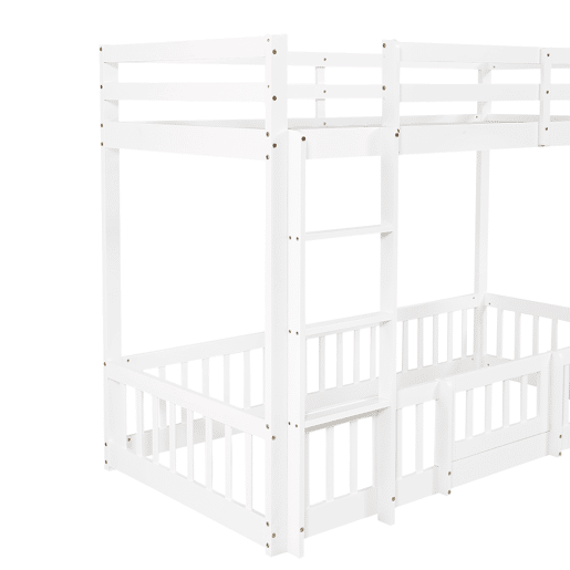 Beliche 90x200 - Cama de madeira com escada em ângulo, corrimão e porta, proteção contra quedas, espaço livre por baixo - Branco