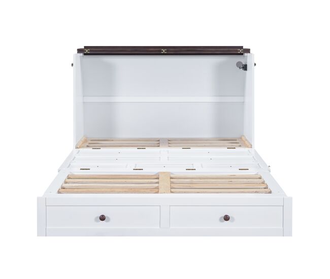 Cama retráctil de madera 140x200 cm - con tomas usb y almacenamiento - blanco