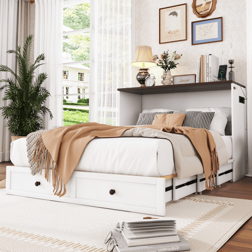Cama retrátil de madeira 140x200 cm - com tomadas USB e arrumação - Branco Cama retrátil de madeira 140x200 cm - com tomadas USB e arrumação - Branco