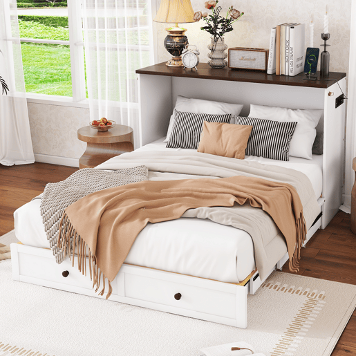Cama retrátil de madeira 140x200 cm - com tomadas USB e arrumação - Branco Cama retrátil de madeira 140x200 cm - com tomadas USB e arrumação - Branco