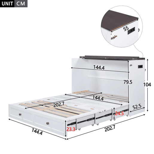 Cama retrátil de madeira 140x200 cm - com tomadas USB e arrumação - Branco Cama retrátil de madeira 140x200 cm - com tomadas USB e arrumação - Branco
