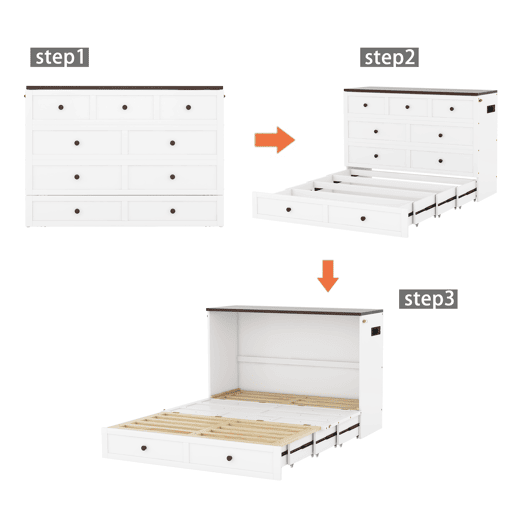 Cama retrátil de madeira 140x200 cm - com tomadas USB e arrumação - Branco Cama retrátil de madeira 140x200 cm - com tomadas USB e arrumação - Branco