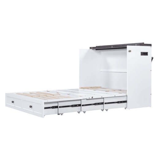 Cama retrátil de madeira 140x200 cm - com tomadas USB e arrumação - Branco Cama retrátil de madeira 140x200 cm - com tomadas USB e arrumação - Branco