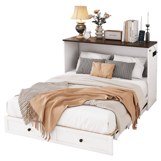 Cama retrátil de madeira 140x200 cm - com tomadas USB e arrumação - Branco Cama retrátil de madeira 140x200 cm - com tomadas USB e arrumação - Branco
