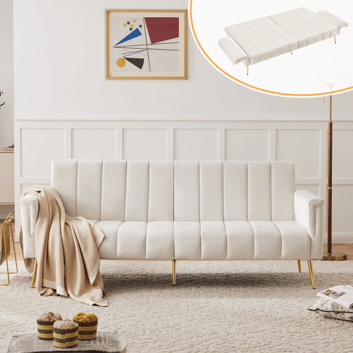 Sofá-cama dobrável moderno de 2 lugares - com função de cama, com pés auxiliares, tecido de veludo - Bege