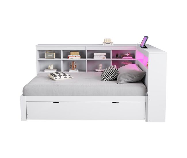 Sofá cama 90*200 cm - con cama extensible, con toma usb y luz led, con estantes y compartimentos, gran capacidad de almacenamiento - blanco