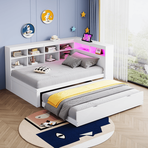 Sofá-cama 90*200 cm - Com cama extensível, tomada USB e luz LED, com prateleiras e compartimentos, grande capacidade de arrumação - Branco Sofá-cama 90*200 cm - Com cama extensível, tomada USB e luz LED, com prateleiras e compartimentos, grande capacidade de arrumação - Branco