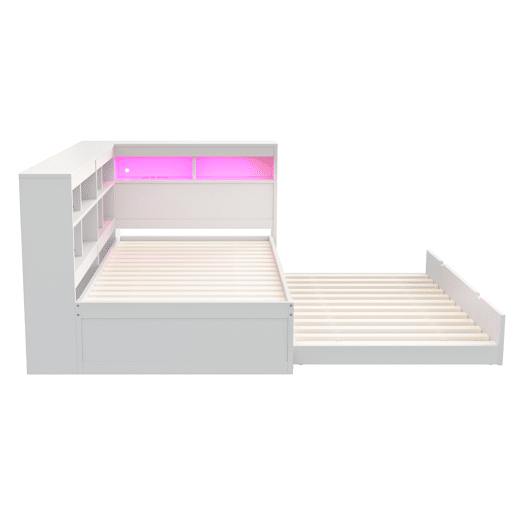 Sofá-cama 90*200 cm - Com cama extensível, tomada USB e luz LED, com prateleiras e compartimentos, grande capacidade de arrumação - Branco Sofá-cama 90*200 cm - Com cama extensível, tomada USB e luz LED, com prateleiras e compartimentos, grande capacidade de arrumação - Branco