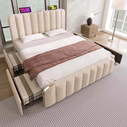 Cama de casal estofada 140x200 - Cabeceira acolchoada com tiras douradas, 4 gavetas, carregador USB Tipo-C - Bege