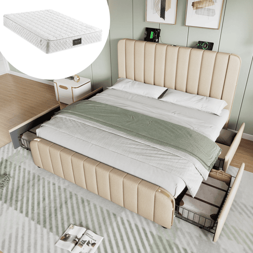 Cama de casal estofada 140x200 - Cabeceira acolchoada com tiras douradas, 4 gavetas, carregador USB Tipo-C - Bege